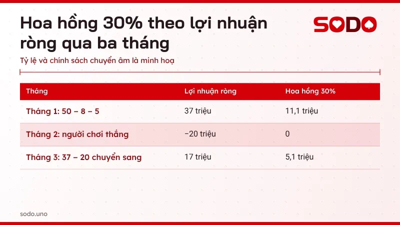 Bảng ví dụ minh hoạ cách tính hoa hồng đại lý SODO theo lợi nhuận ròng