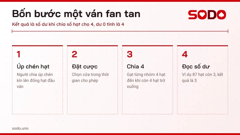 Bốn bước một ván fan tan từ úp chén hạt, đặt cược, chia 4 đến đọc số dư