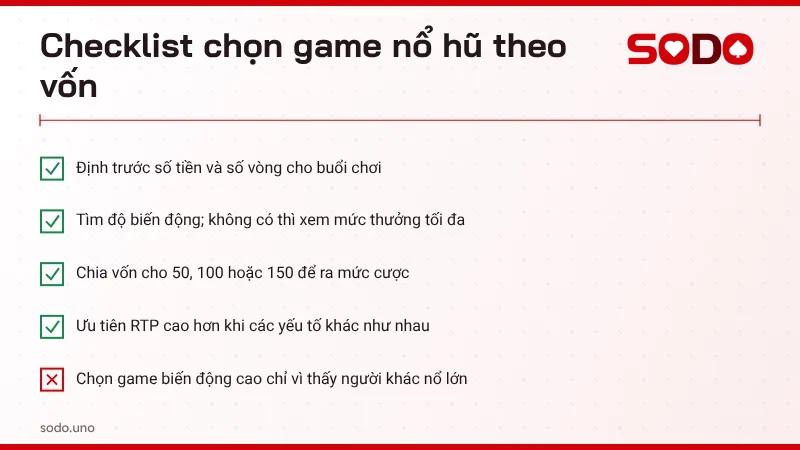 Checklist chọn game nổ hũ theo vốn và độ biến động slot trước khi quay
