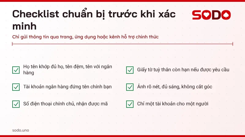 Checklist chuẩn bị trước khi xác minh tài khoản SODO bằng thông tin chính chủ